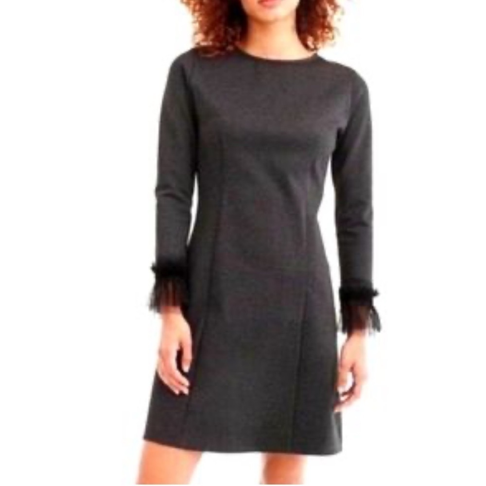 J. Crew Longsleeve Grey Sheath Drews with Black Velvet Tulle Cuffs Size Medium